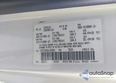 1998 Dodge Ram 2500 St z USA, uszkodzony, nr VIN 1B7KF2362WJ229561